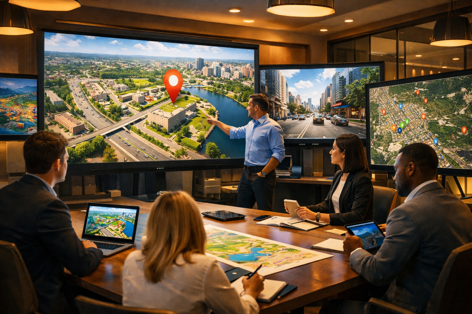 Professionals in an office analyzing Google Maps features on large screens.