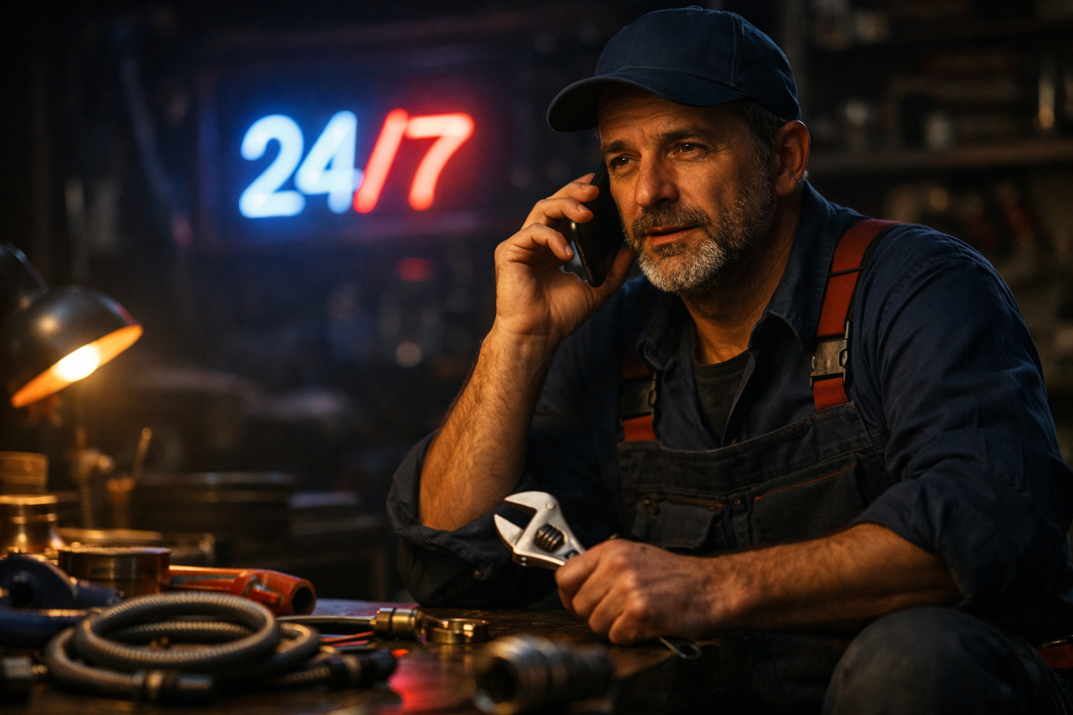 Plumber answering an emergency call at night with a 24/7 sign nearby.