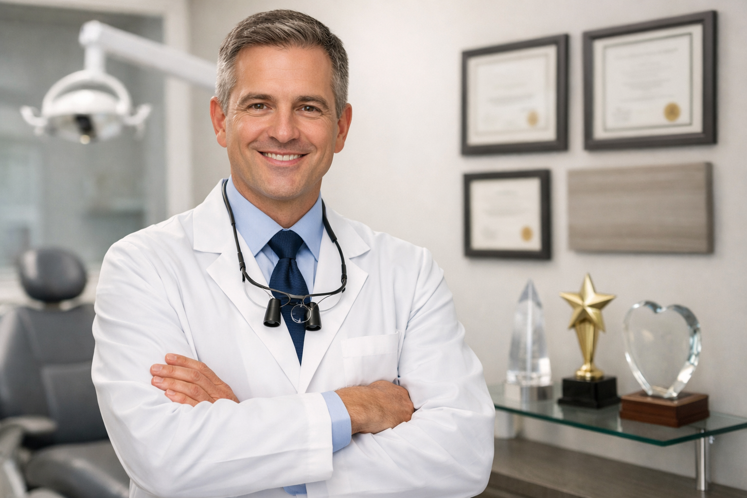 Dentist in clinic with awards and credentials on display.