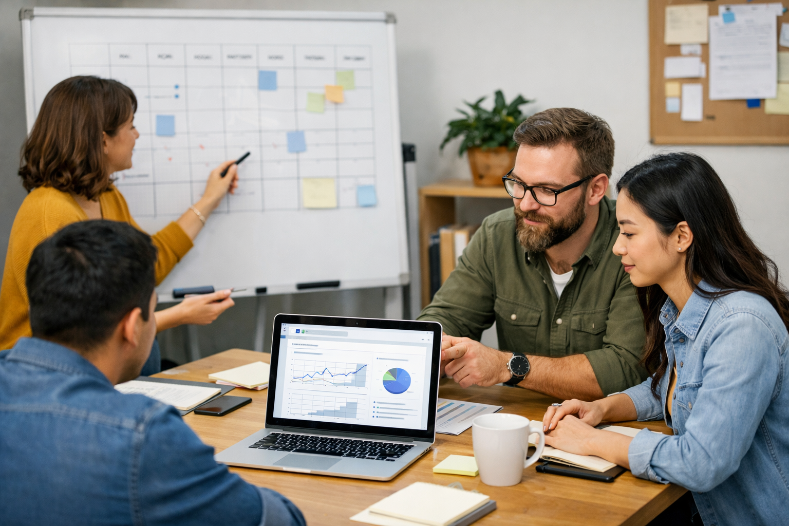 Team in office setting up AI mention monitoring with schedules.