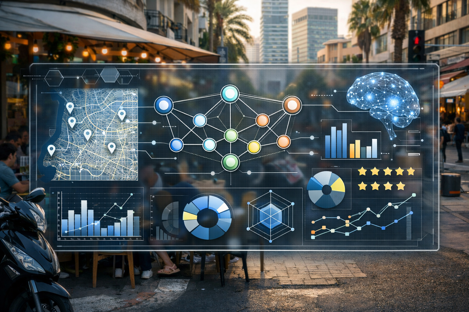 Digital interface showing AI-analyzed data connections for Tel Aviv restaurants.