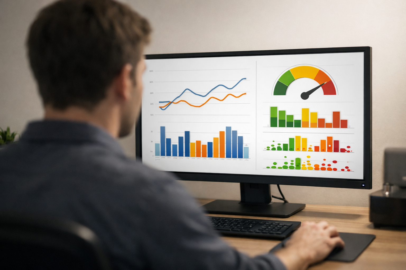 Person at computer with screen showing AI content and citation criteria graphs.