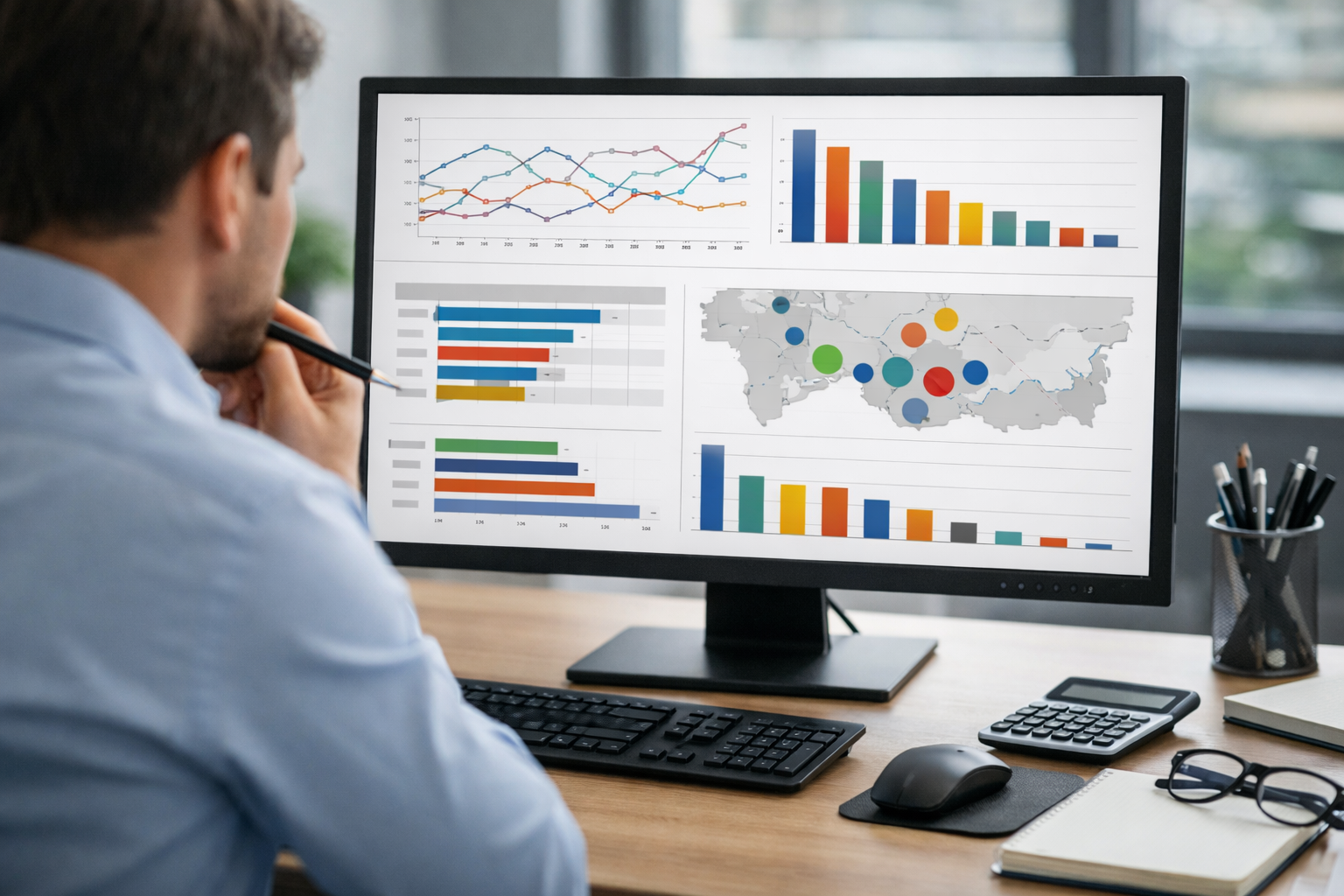 Analyst comparing competitor rankings on computer with graphs.