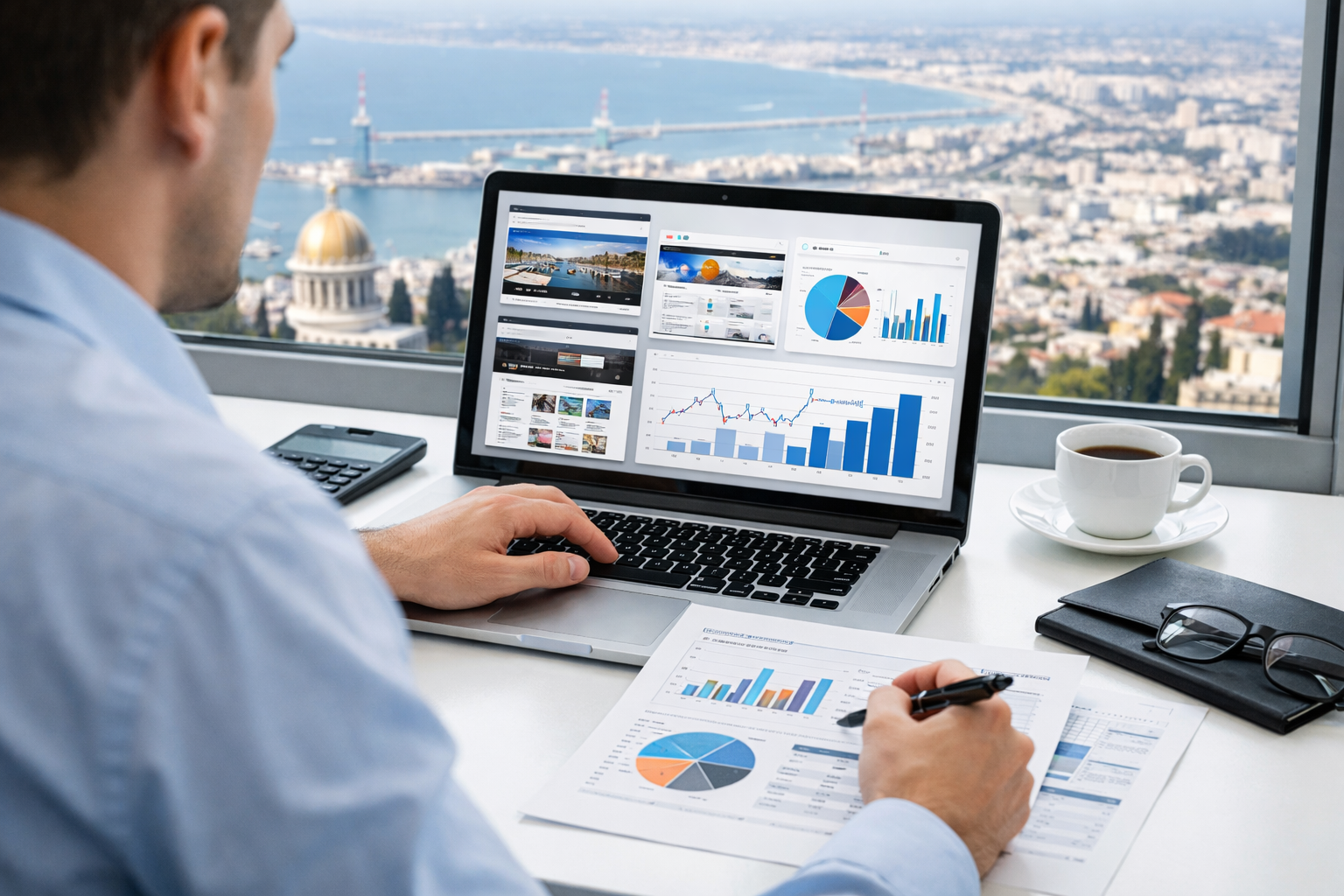 Person auditing competitor websites on a laptop in Haifa.