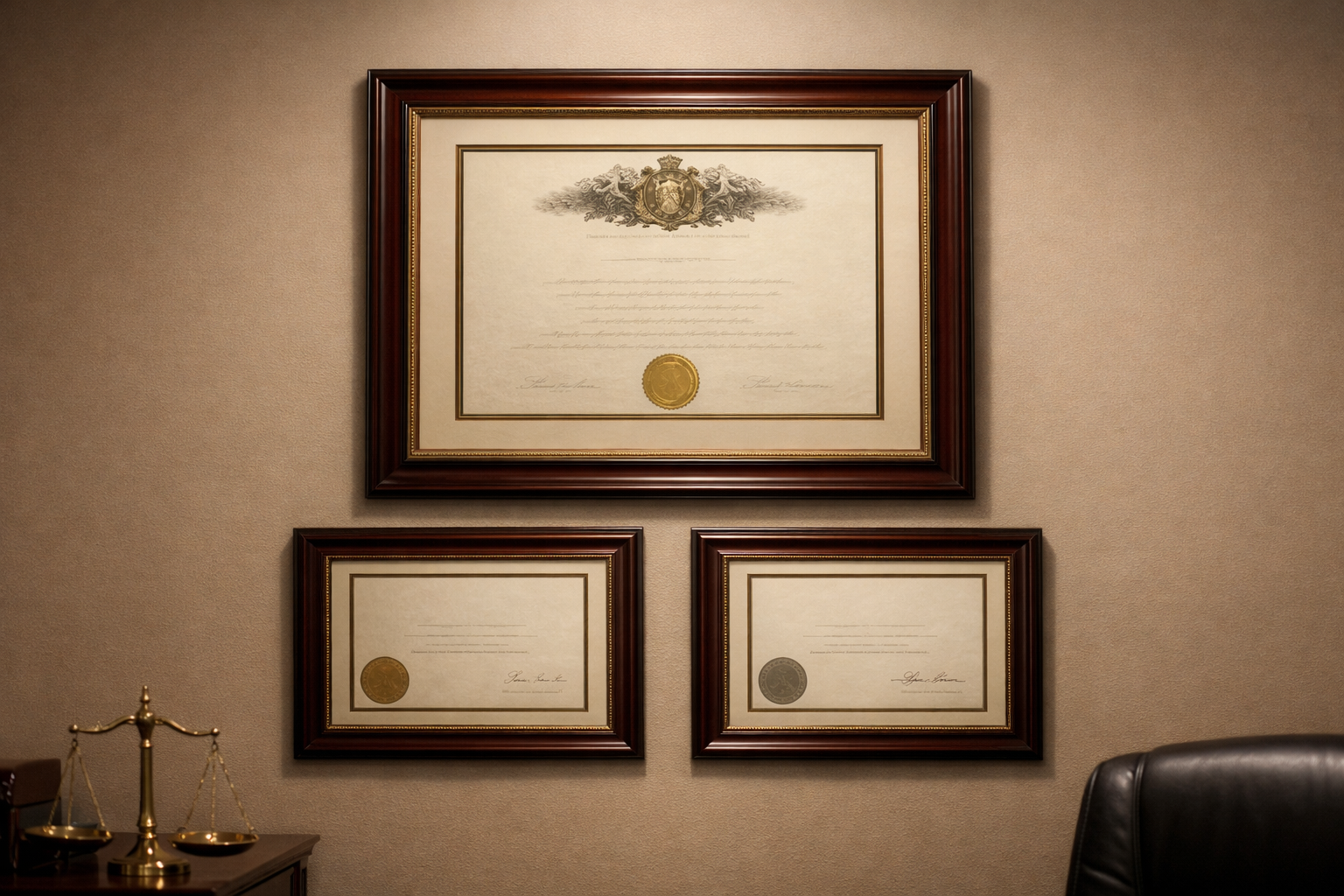 Attorney's diploma and certificates on office wall.