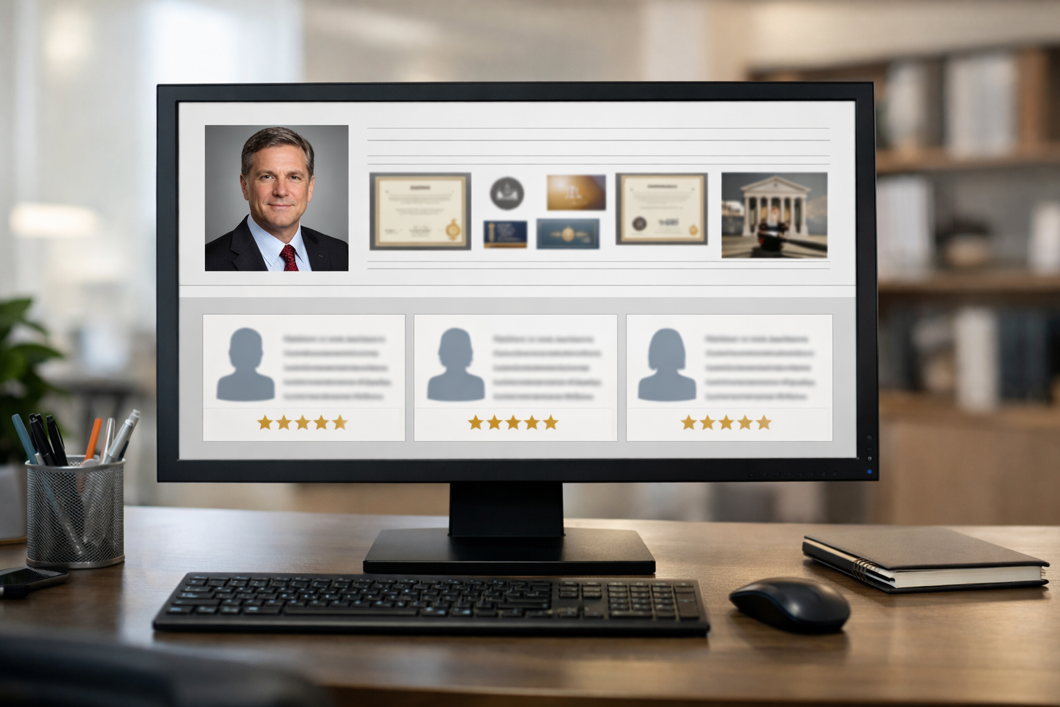 Lawyer's profile page on monitor showing credentials and testimonials.