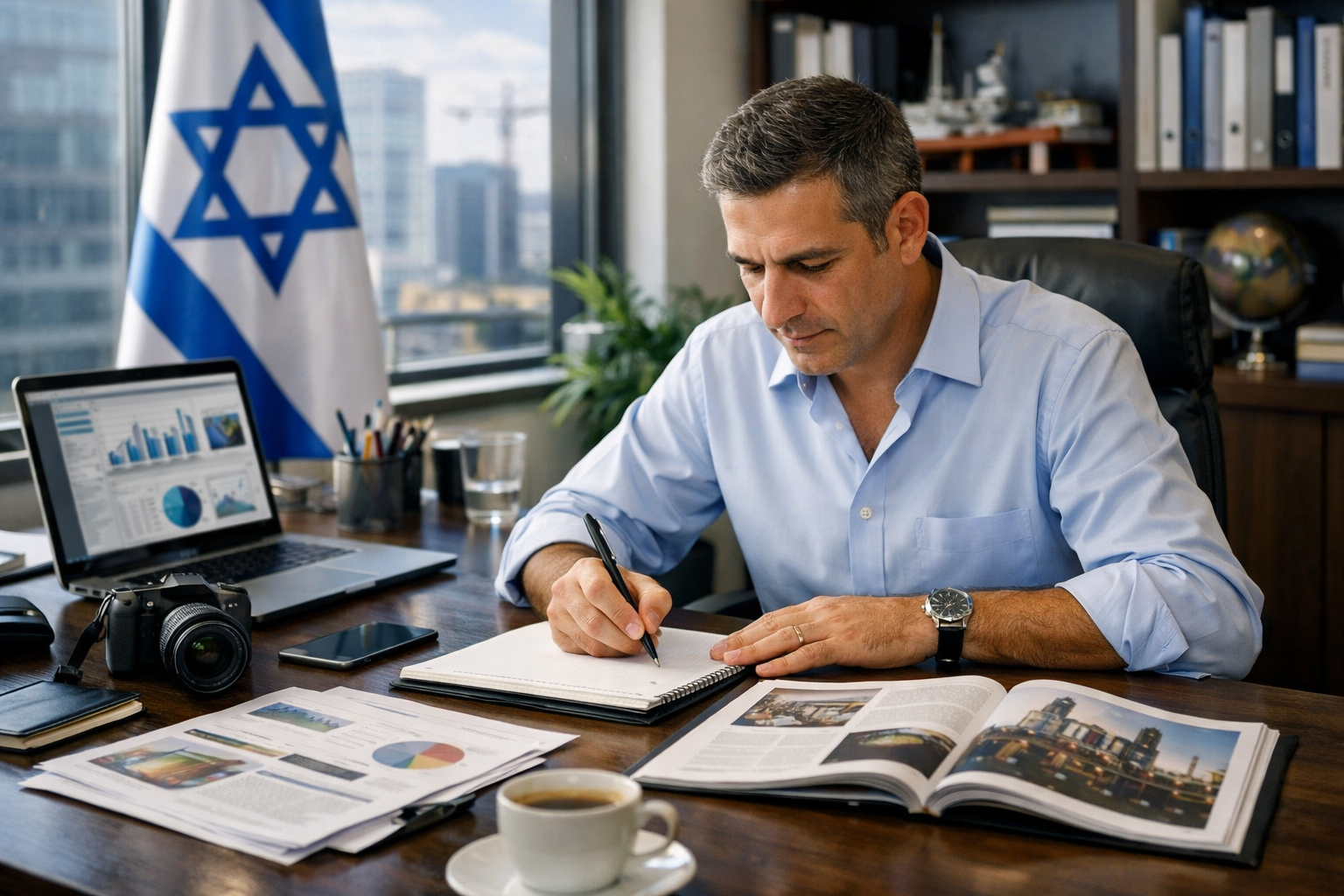 Professional writing for Israeli trade publication in an office.