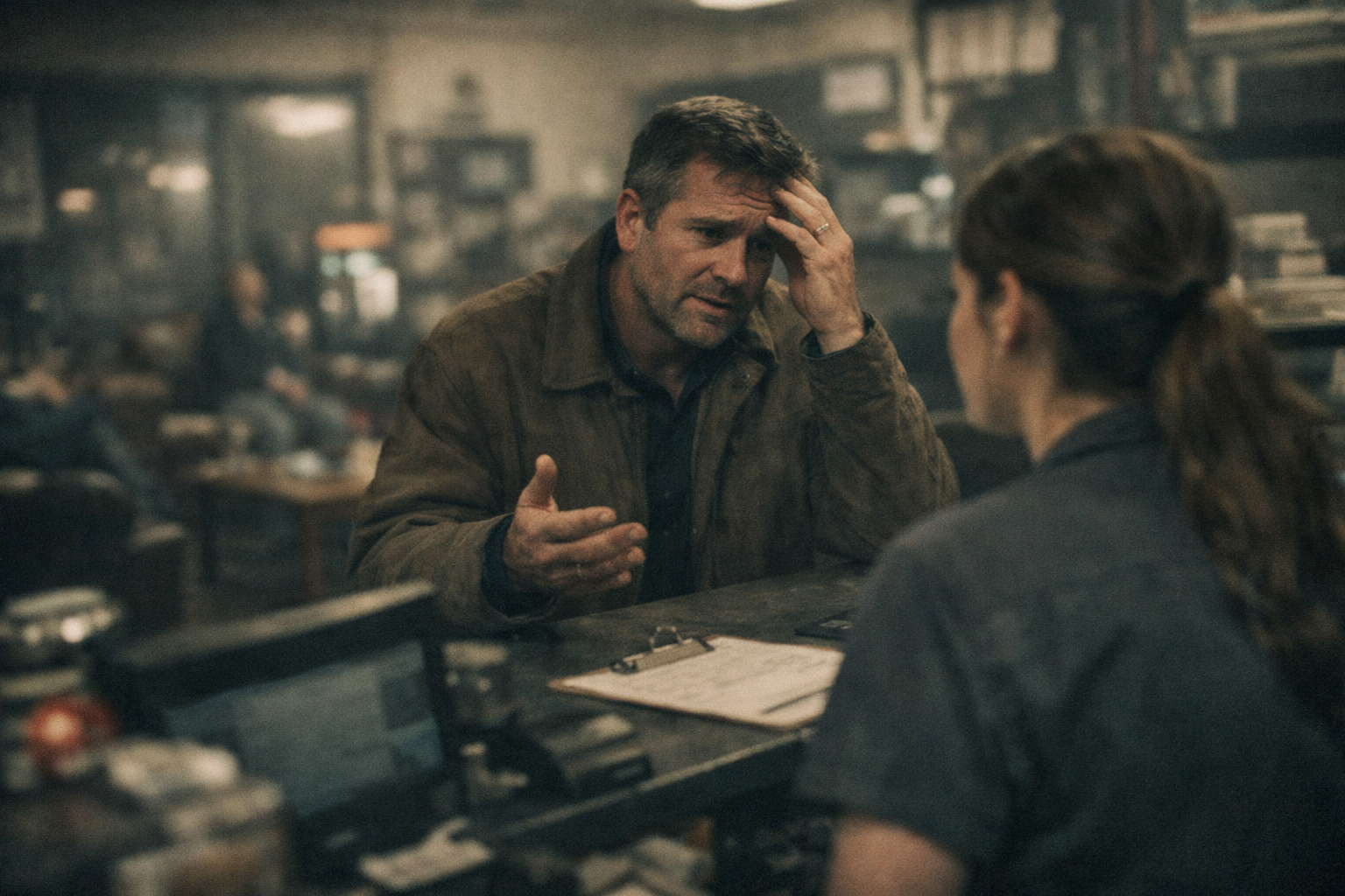 Stressed customer at auto repair shop counter with receptionist.