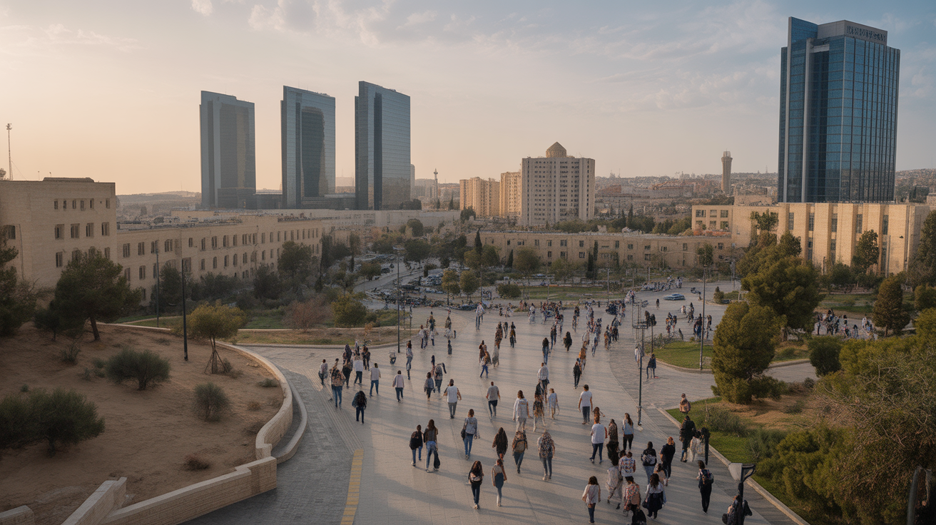 Beer Sheva university campus with students and modern buildings.