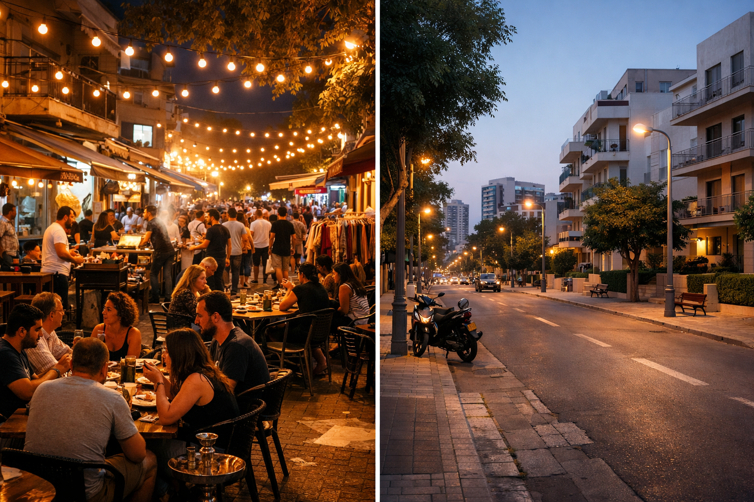 Beer Sheva bustling street scene compared to quieter urban area.