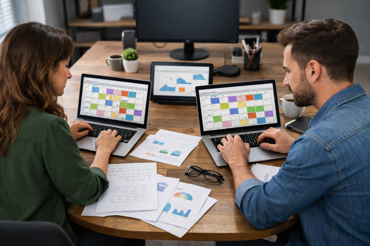 Two professionals collaborating on bilingual SEO strategy in office.