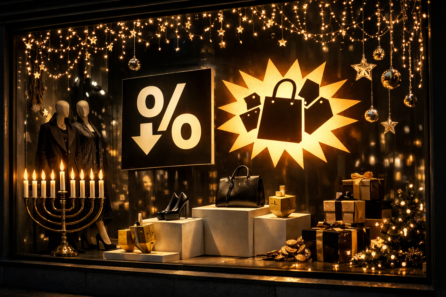 Storefront with Black Friday sales and Hanukkah decorations.