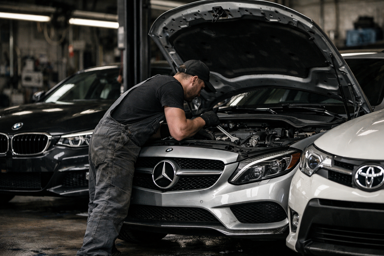 Mechanic in garage with BMW, Mercedes, and Toyota cars.