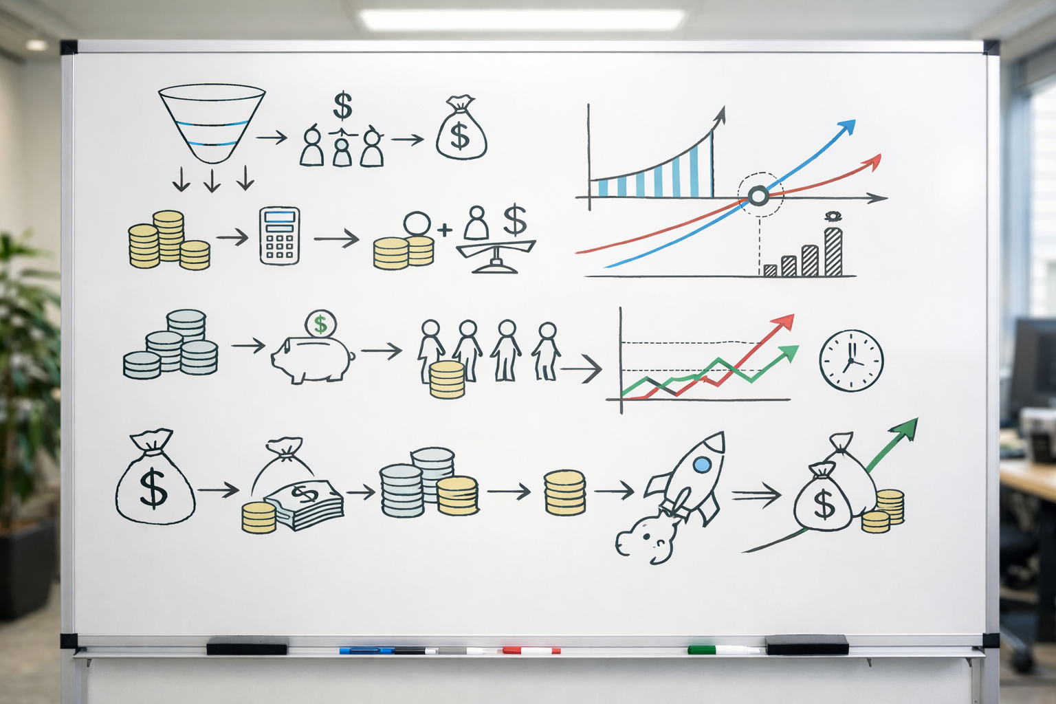 Whiteboard with break-even calculation for local SEO metrics.