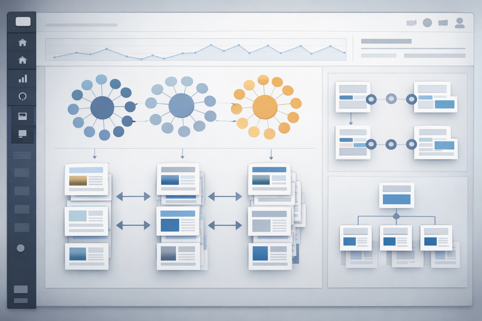 Content management system with topic clusters and link strategies displayed.