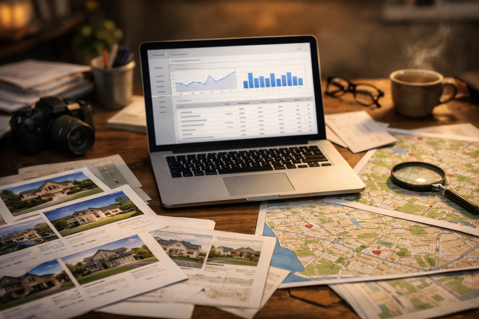 Laptop with Google Keyword Planner and neighborhood maps.