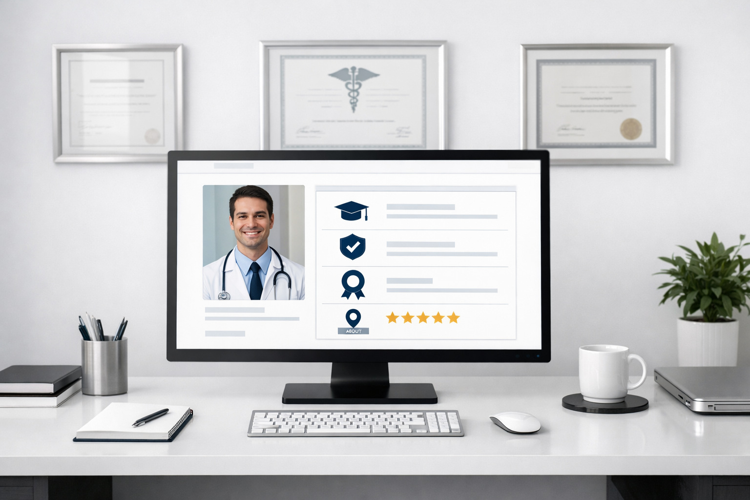 Office with monitor showing medical website and credential markup.