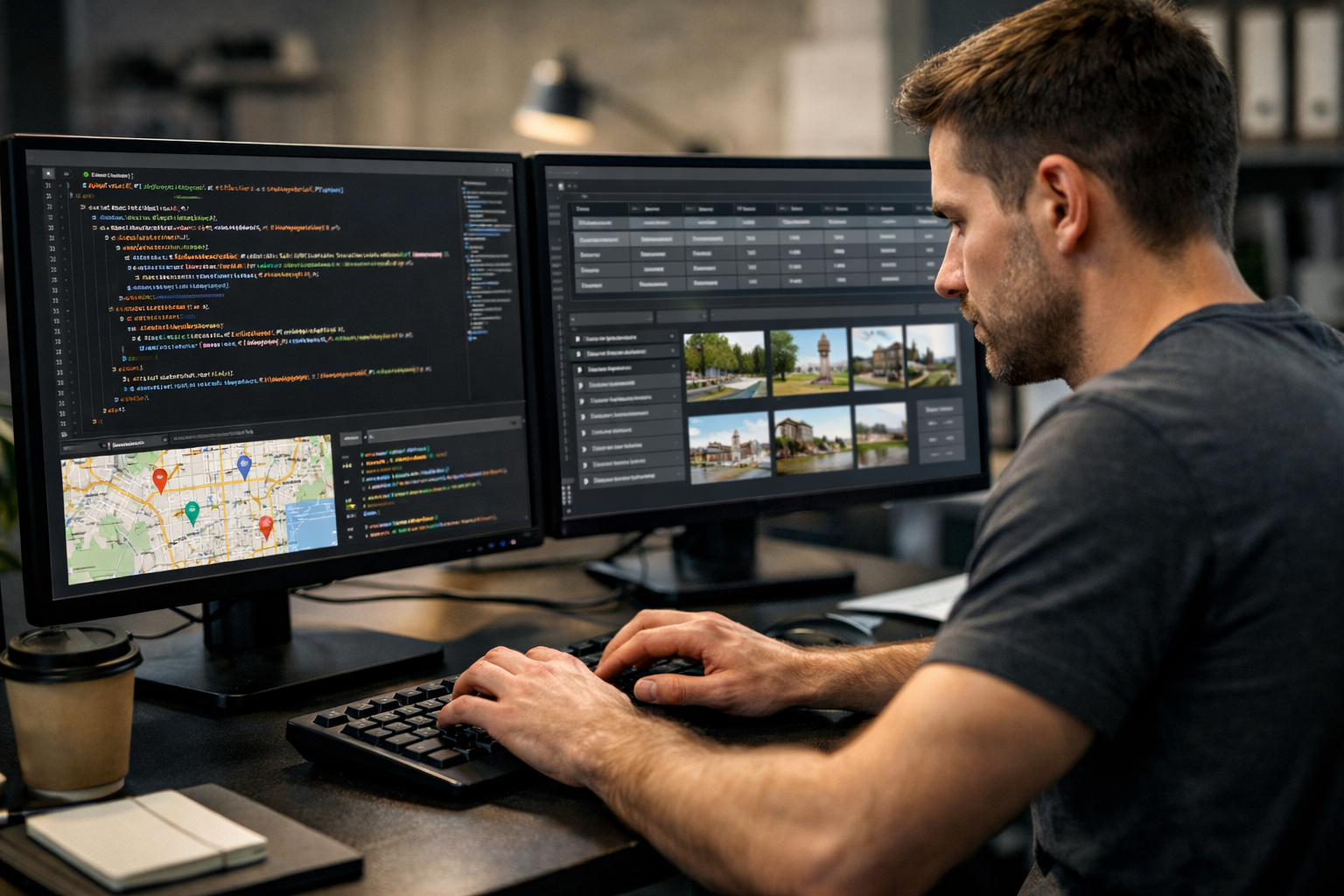 Web developer creating unique service area pages on a computer.