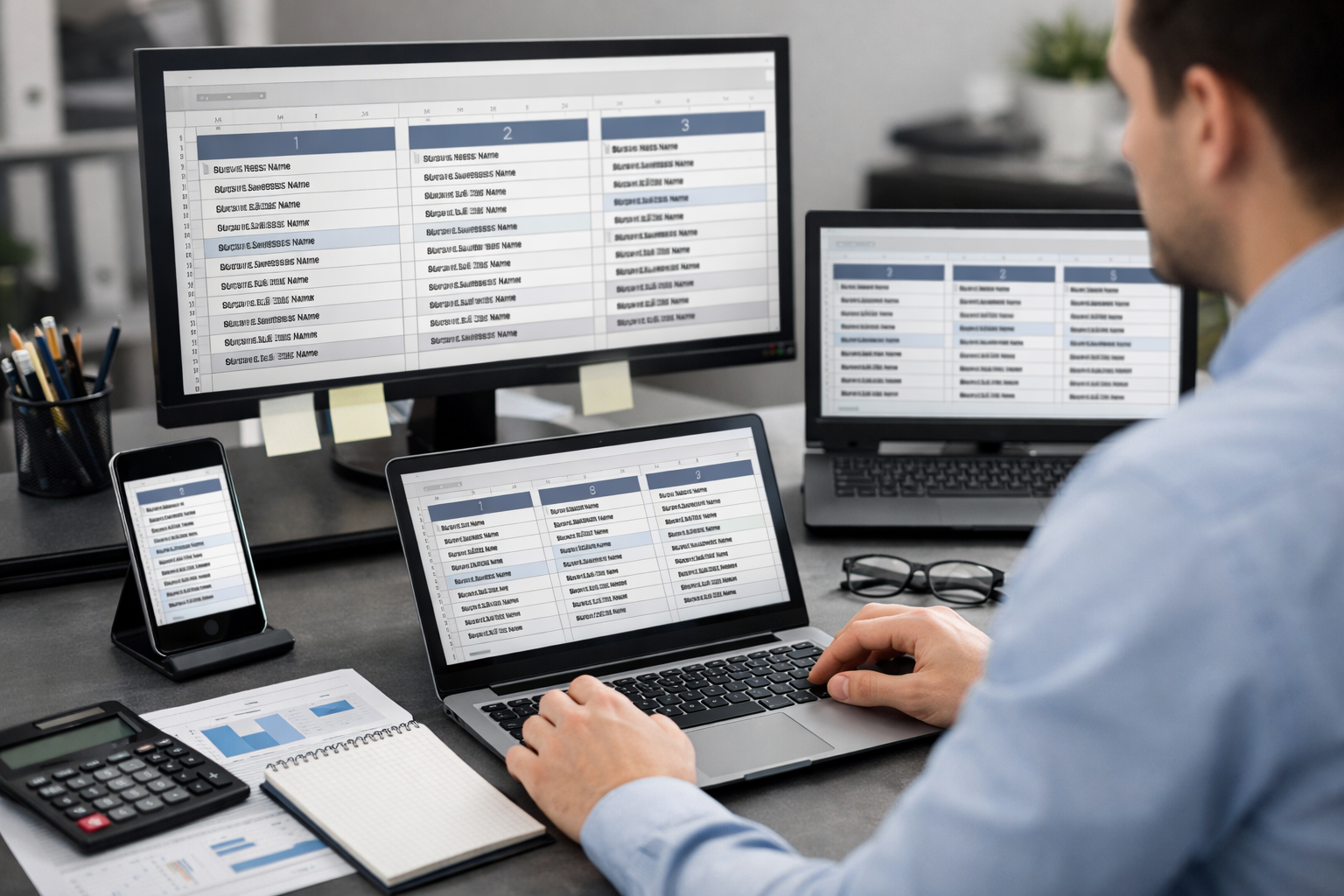 Person checks business name inconsistencies on multiple screens.
