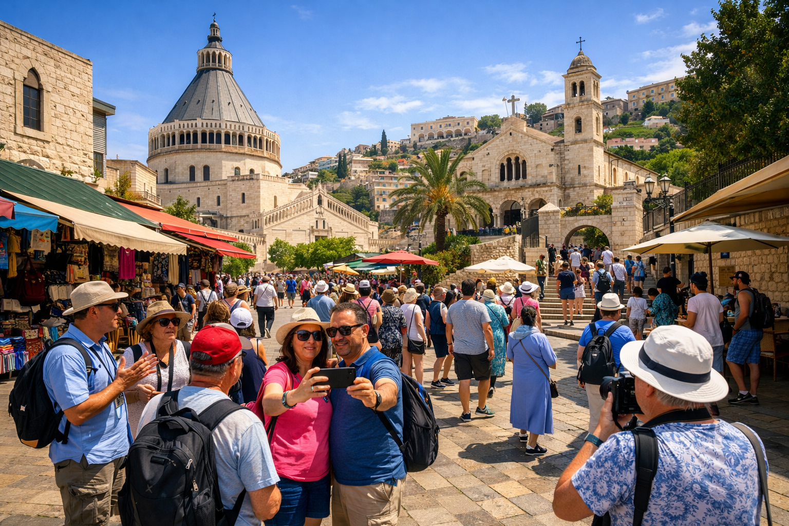 Tourists on a busy Nazareth street visiting religious sites.