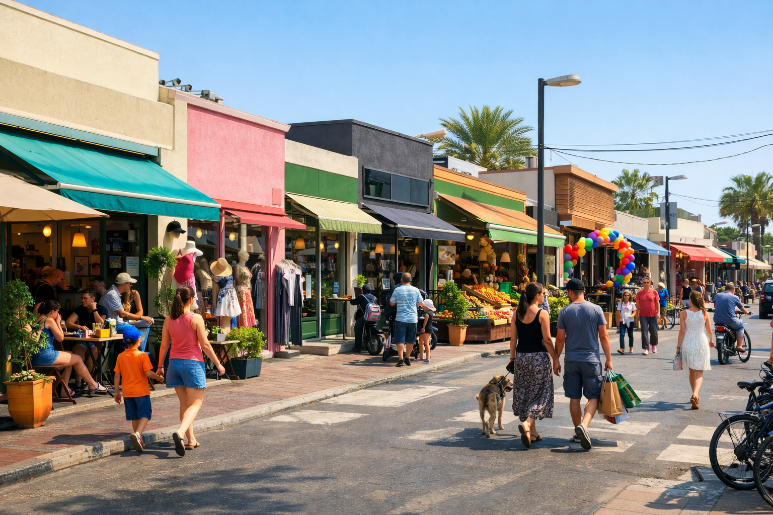 Business district in Pardes Hana with diverse storefronts and pedestrians.