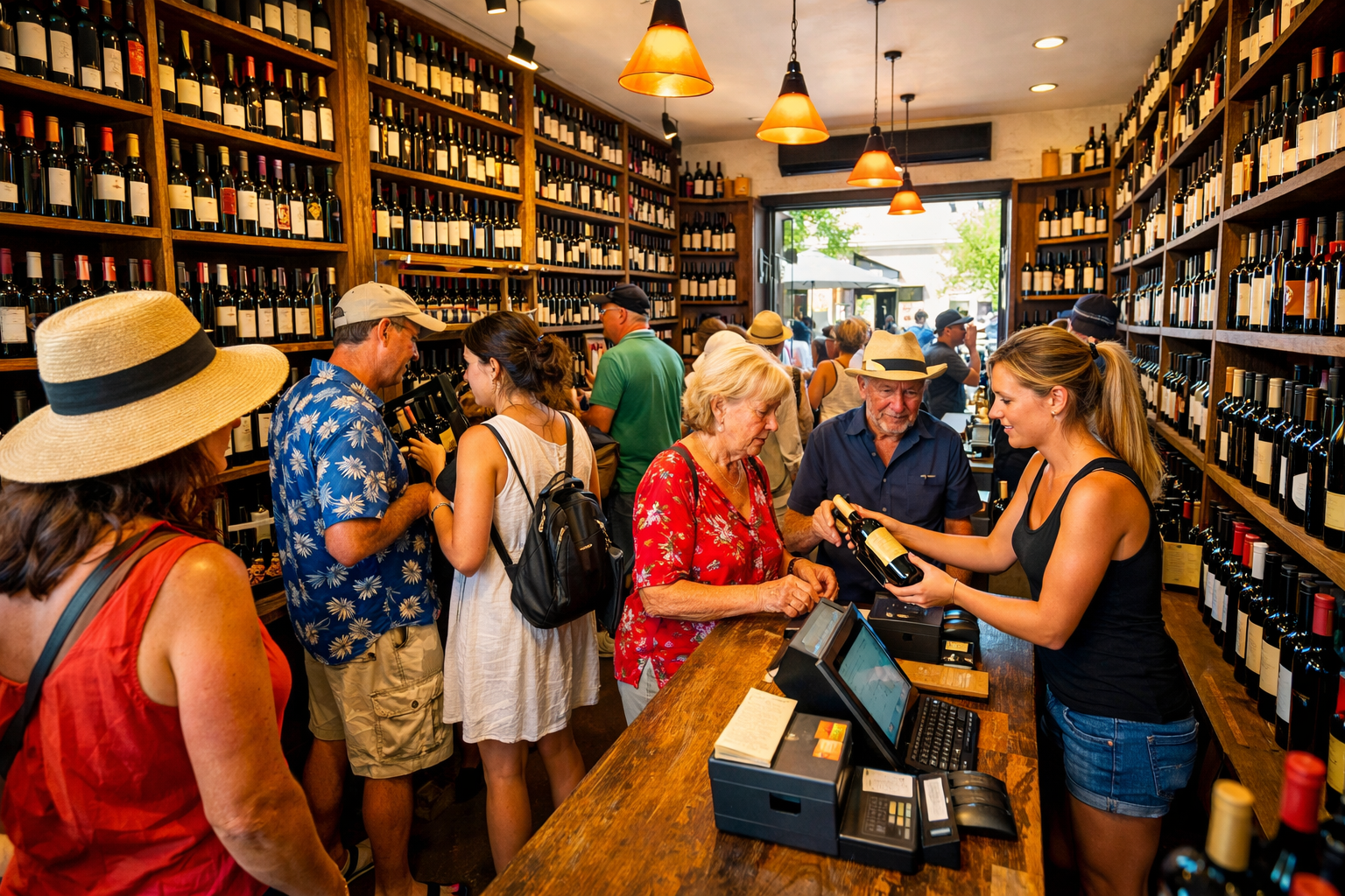 Tourists in a busy Zichron Yaakov wine shop, highlighting business dominance.