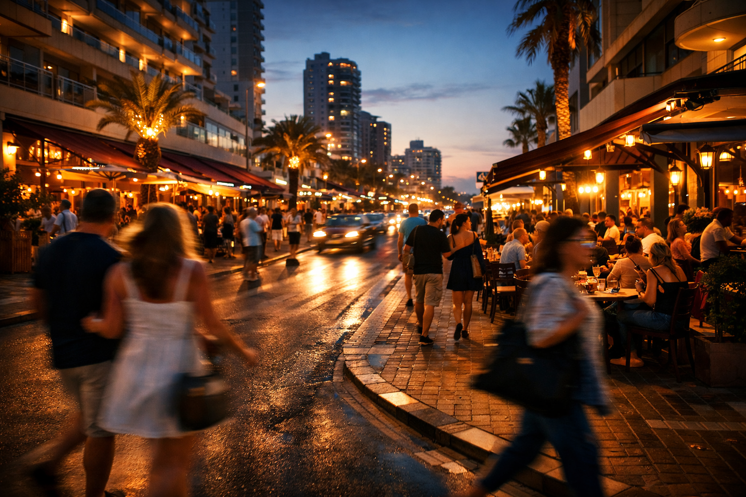 Netanya street with busy hotels and restaurants, people bustling about.