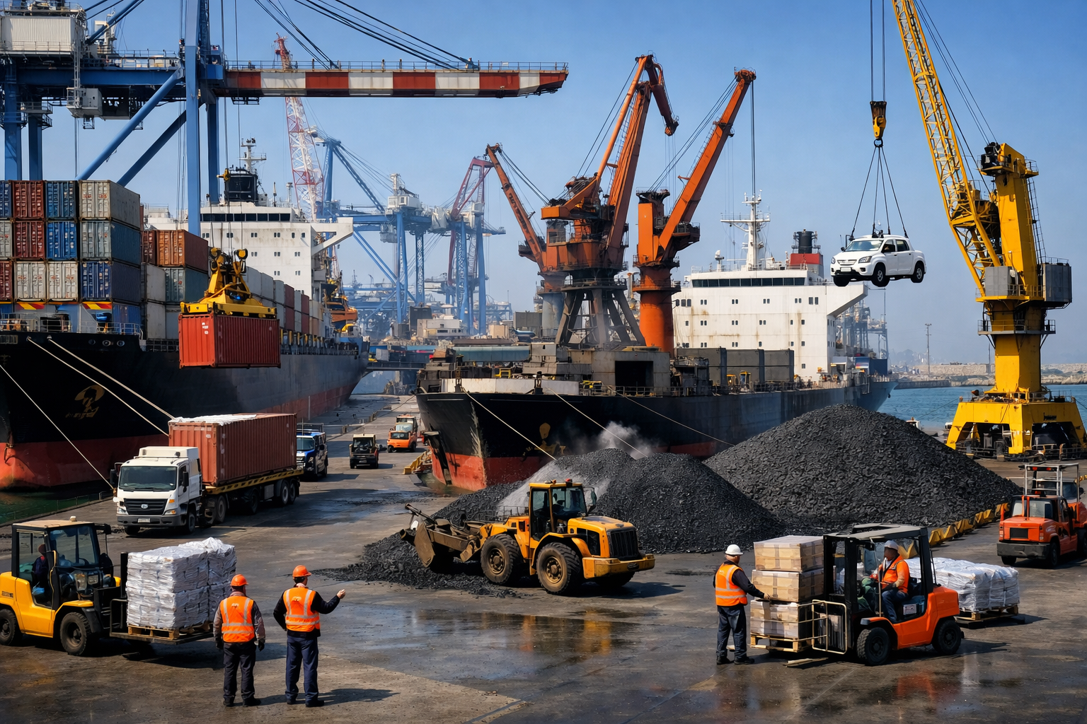 Ashdod port with workers loading ships, cranes in use, industrial detail.