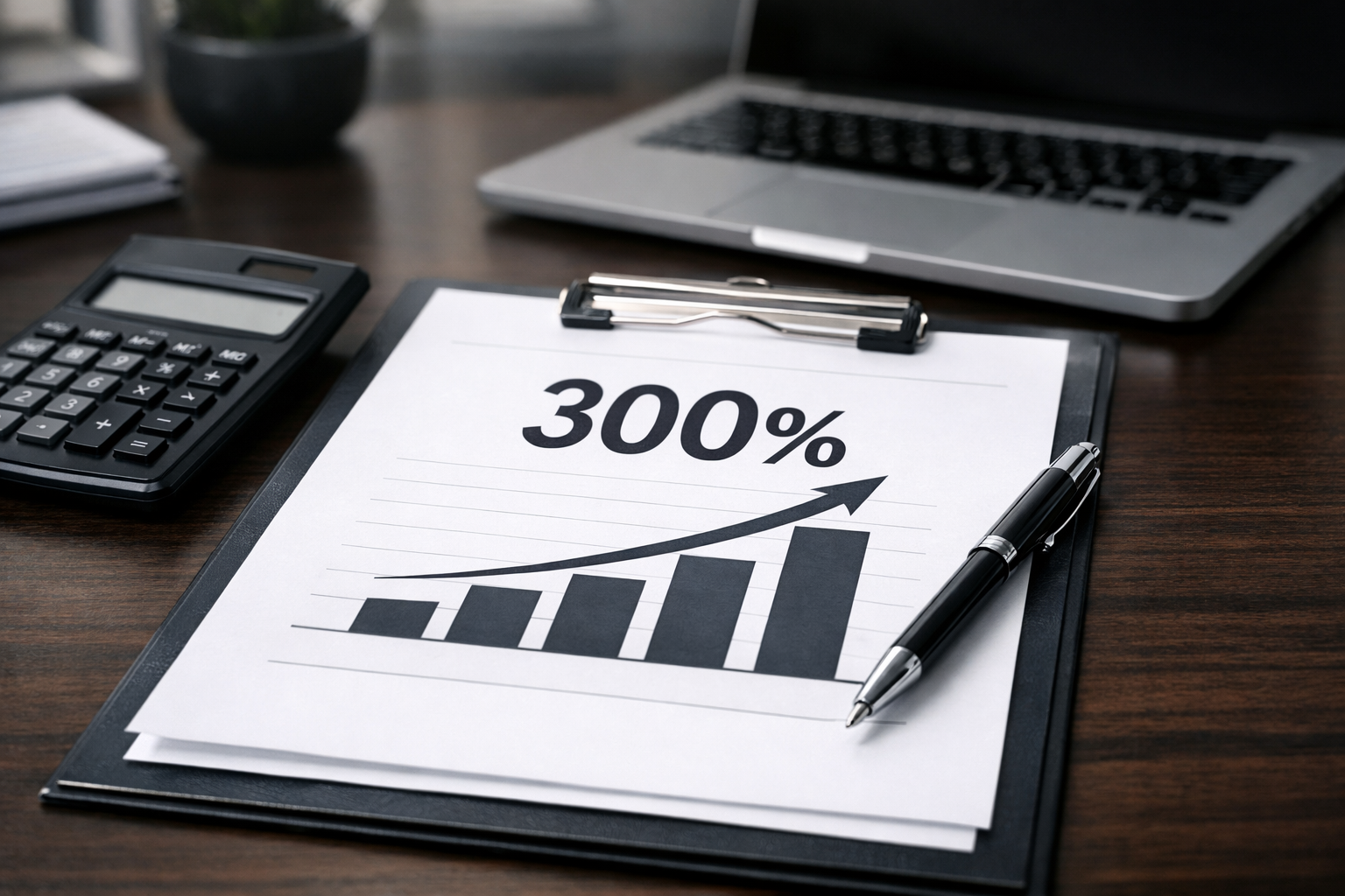 Office desk with calculator and Local SEO ROI document.
