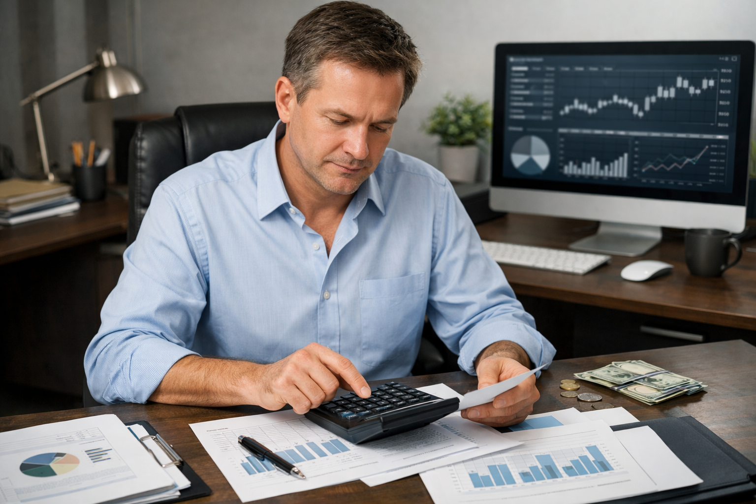 Business owner calculating opportunity cost with calculator and documents.