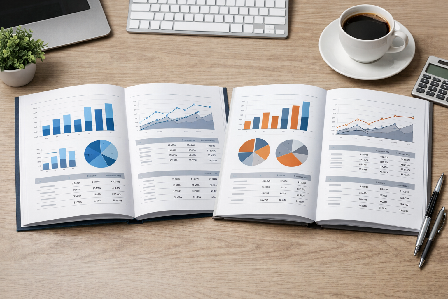 Desk with financial reports showing customer value metrics.