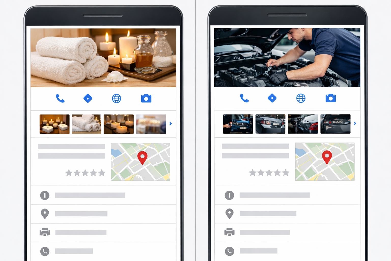 Hebrew and English Google Business Profiles with distinct categories.