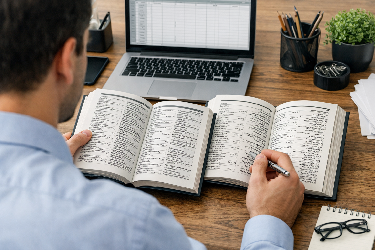 Person comparing business info in Hebrew and English directories.
