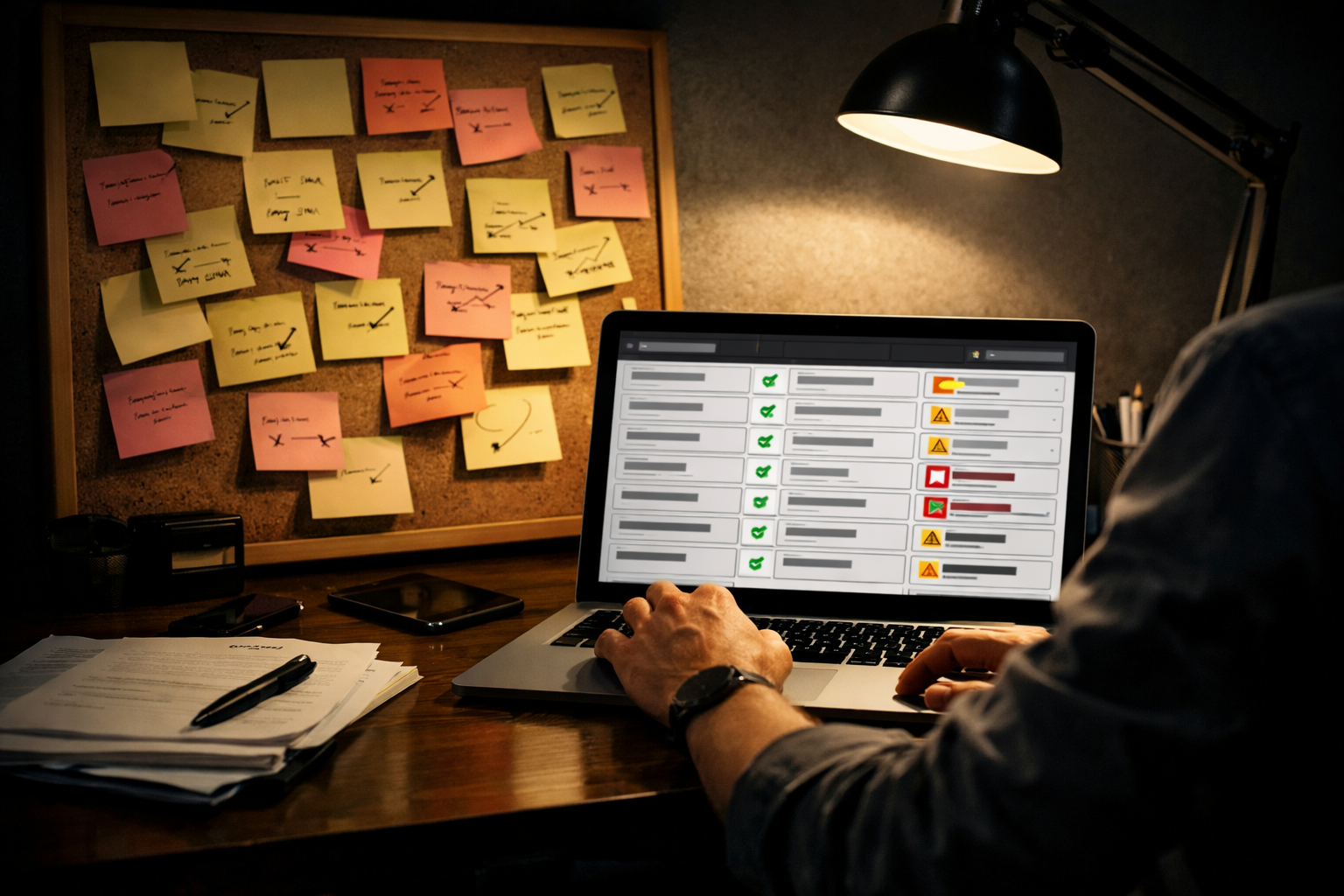 Person using laptop to audit online directories, bulletin board with notes.