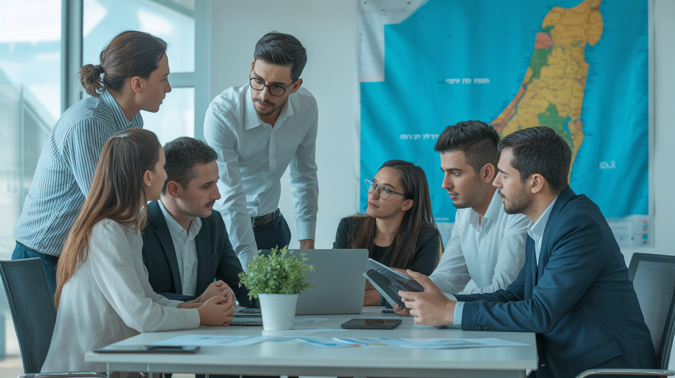 Office in Pardes Hana with team discussing SEO near Israel map.