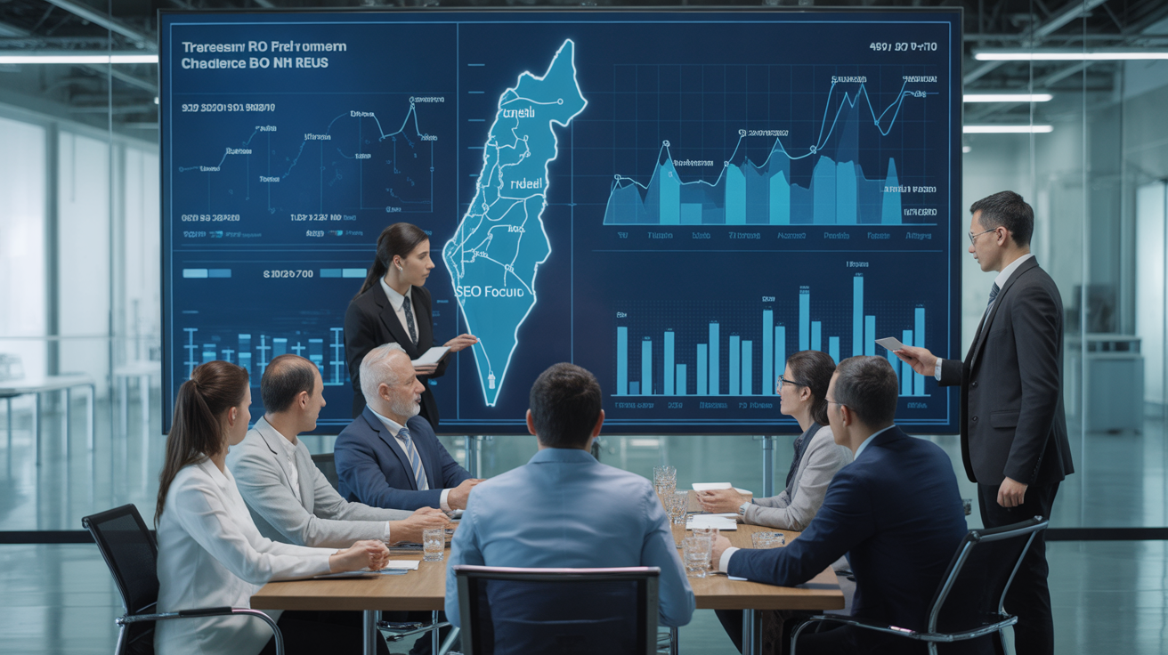 Business professionals in a conference room analyzing maps and graphs.