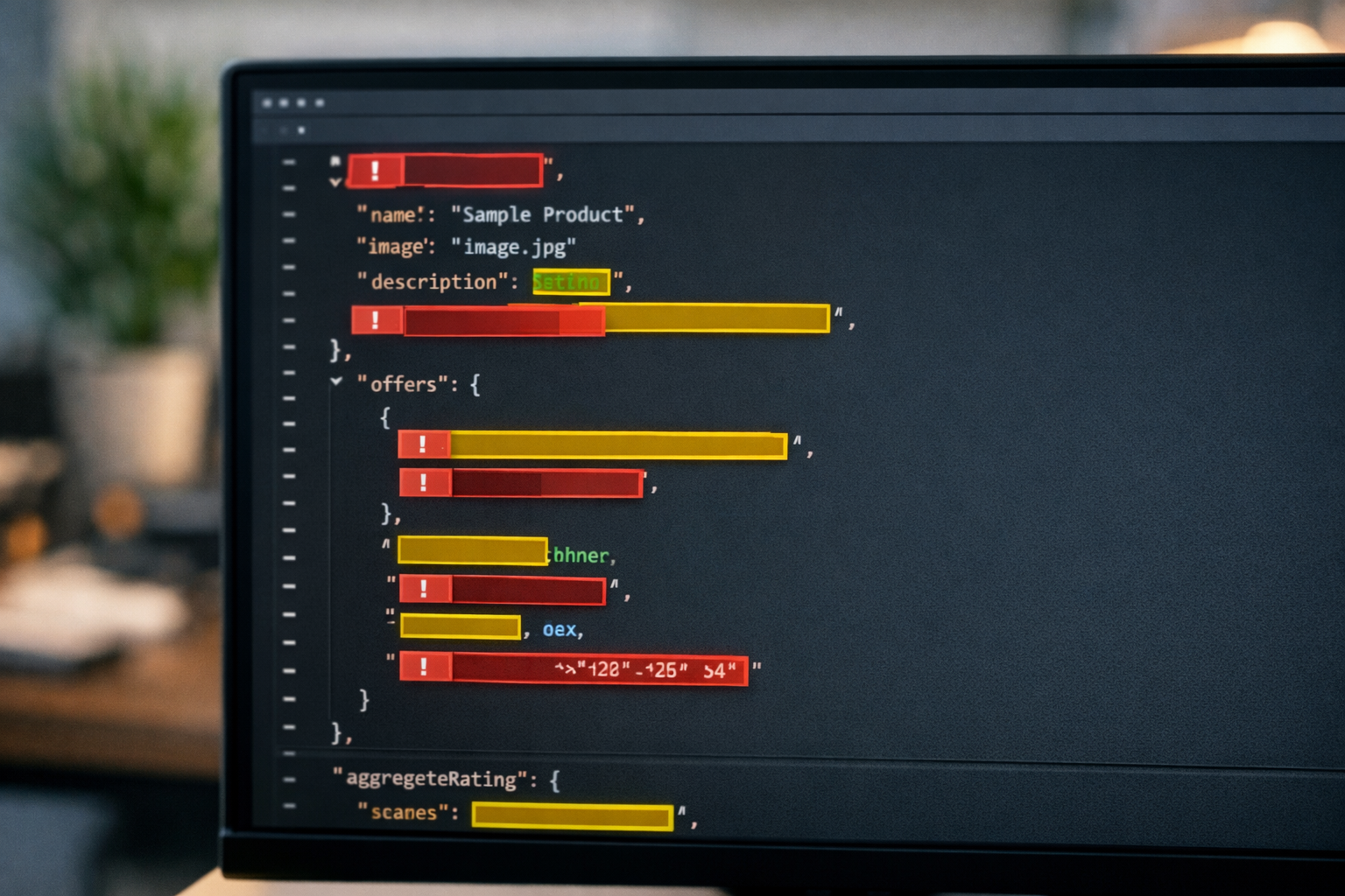 Schema code with highlighted errors on missing properties and mismatches.