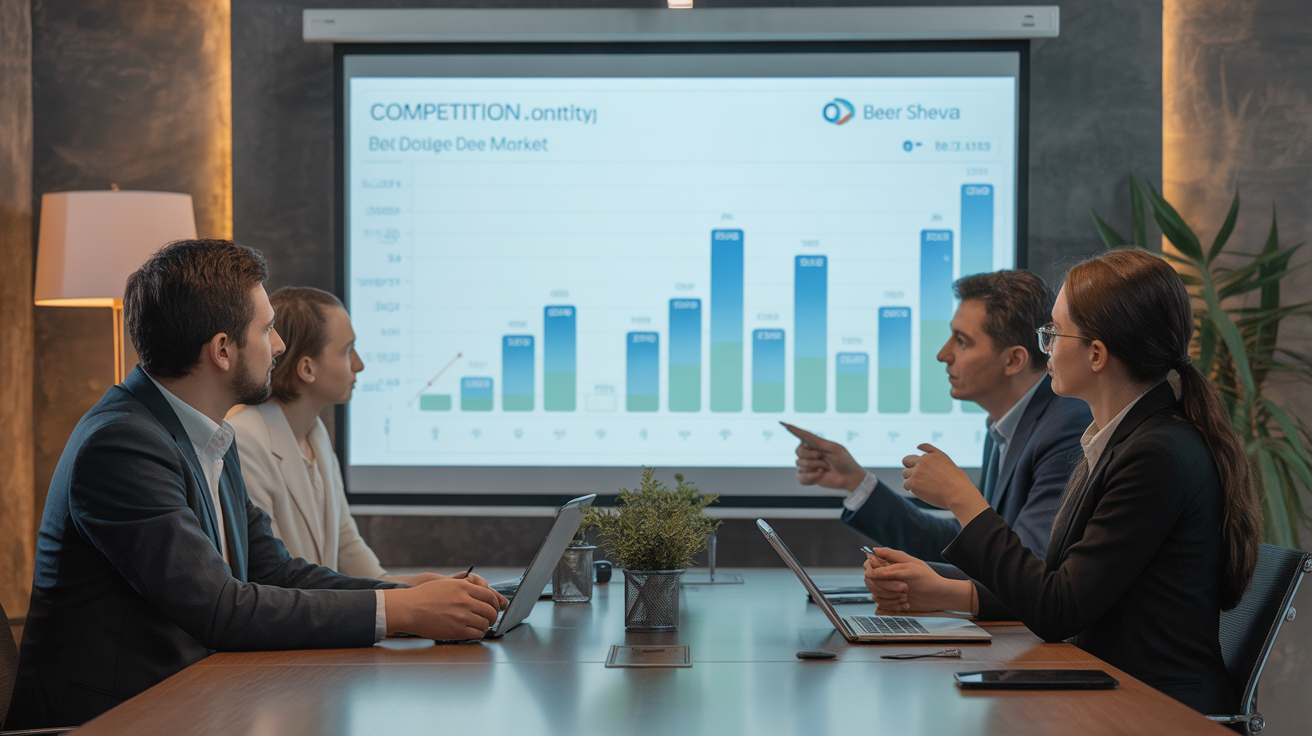 SEO experts in Beer Sheva analyzing competition charts in meeting.