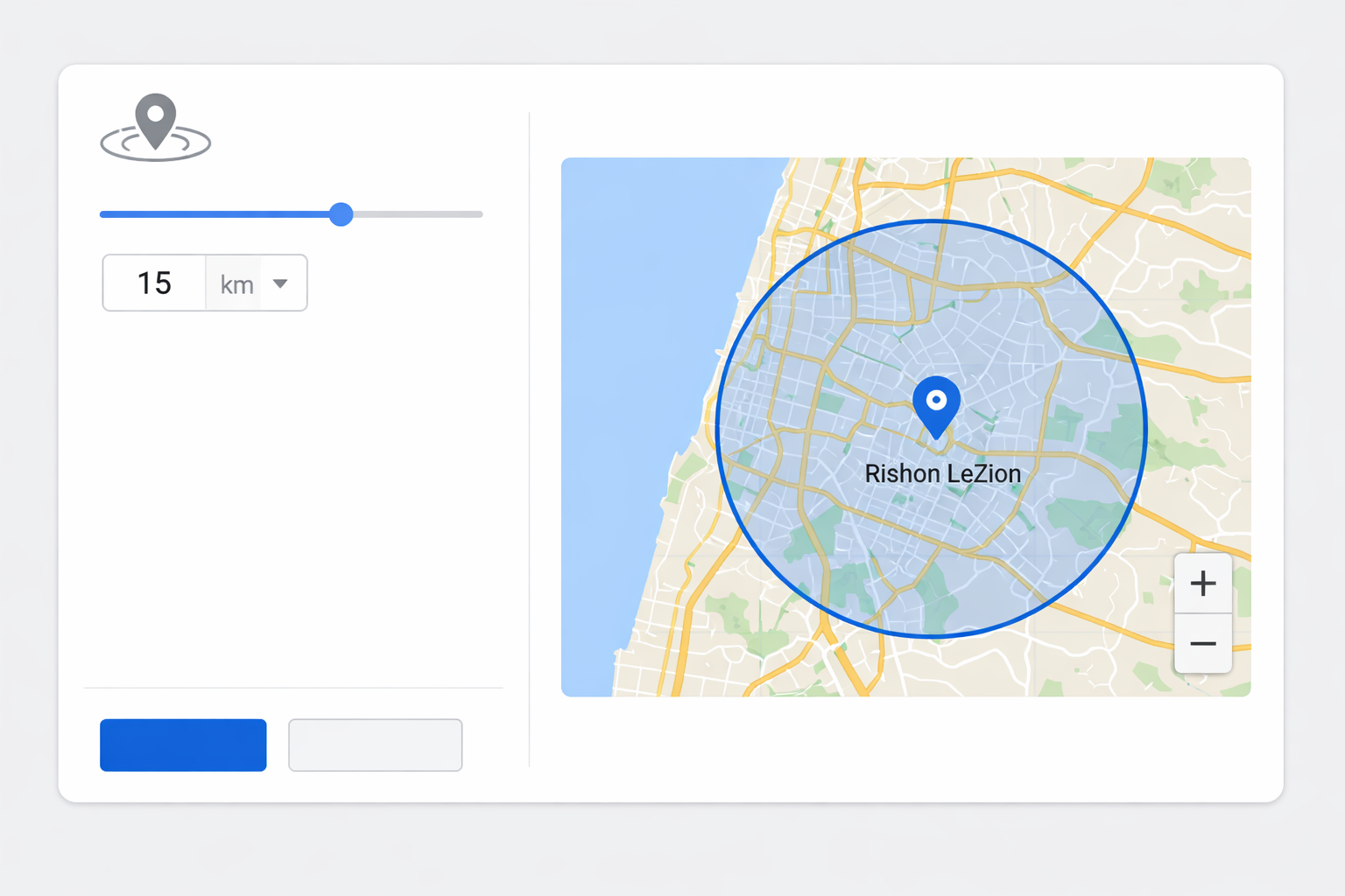 Google Business Profile setup showing a 15-kilometer radius around a Rishon LeZion location.