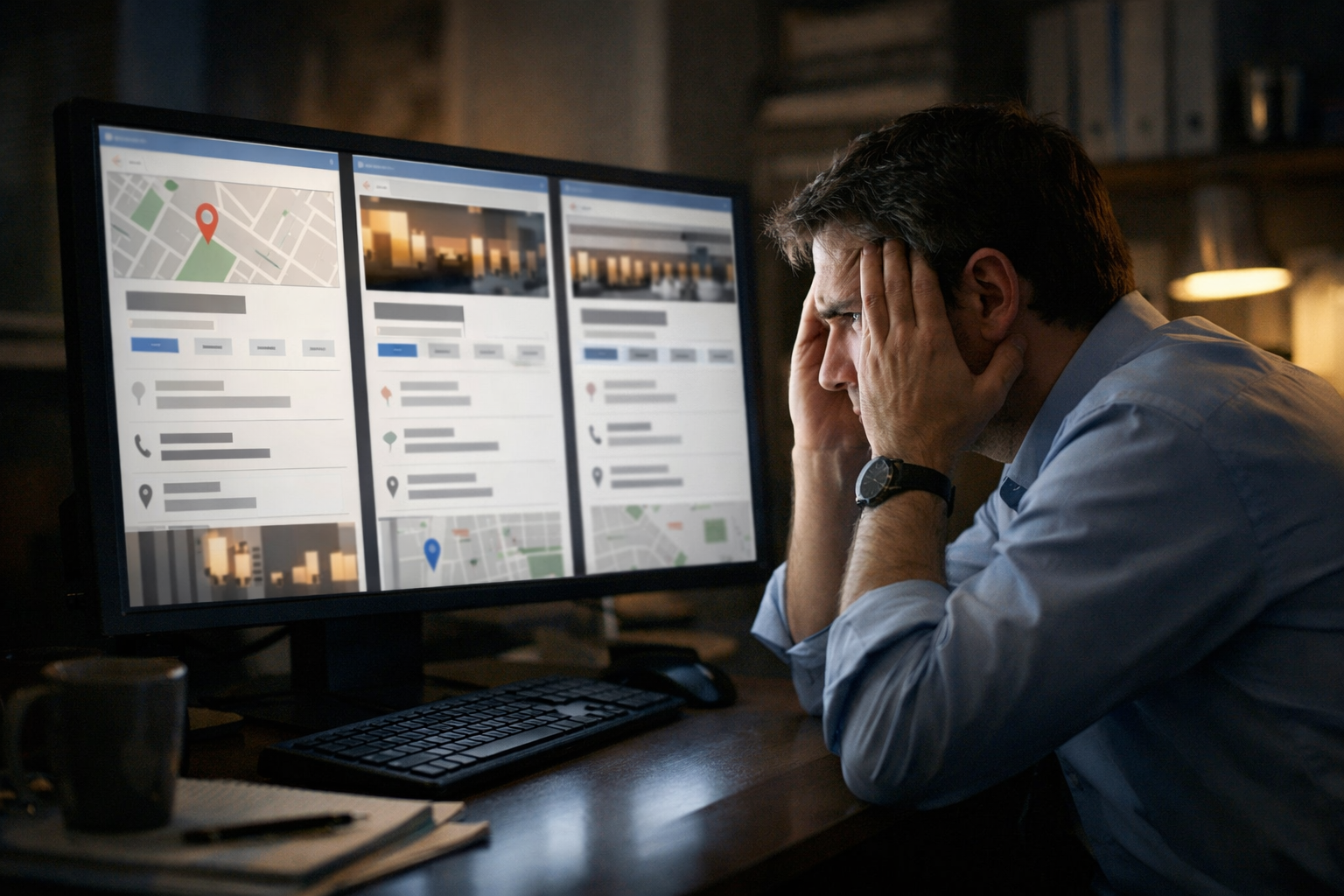 Frustrated worker viewing mismatched NAP information on screen.
