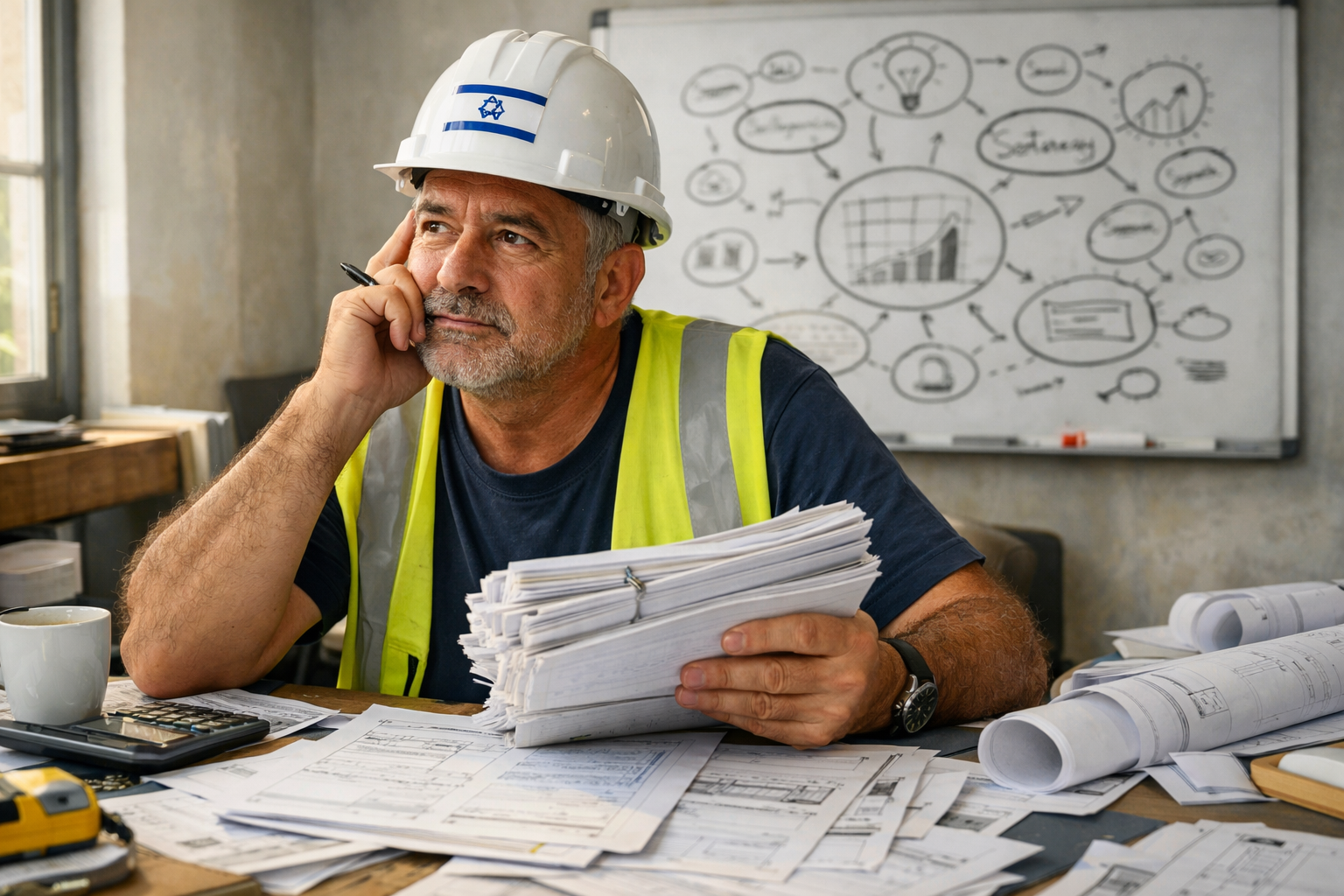 Contractor with construction permits surrounded by SEO strategy notes.