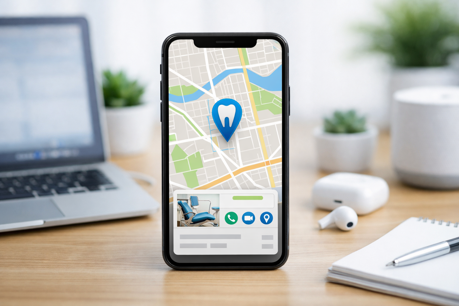 Smartphone displaying map with dental clinic location and contact info.
