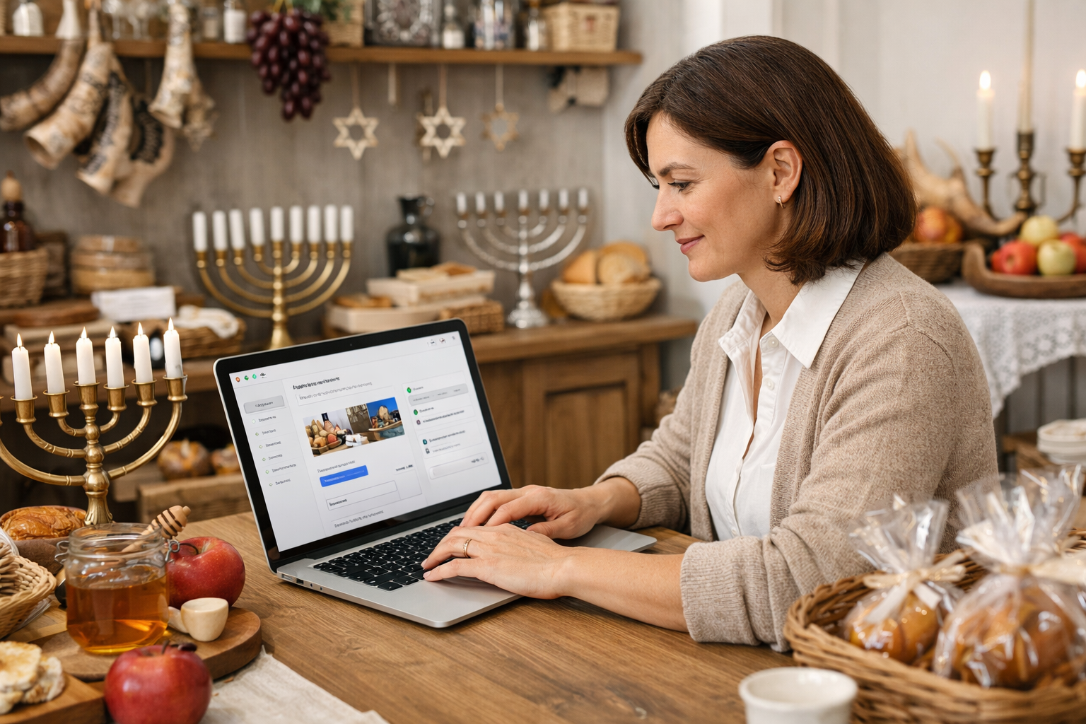 Shop owner updating business profile on a laptop with holiday decorations.