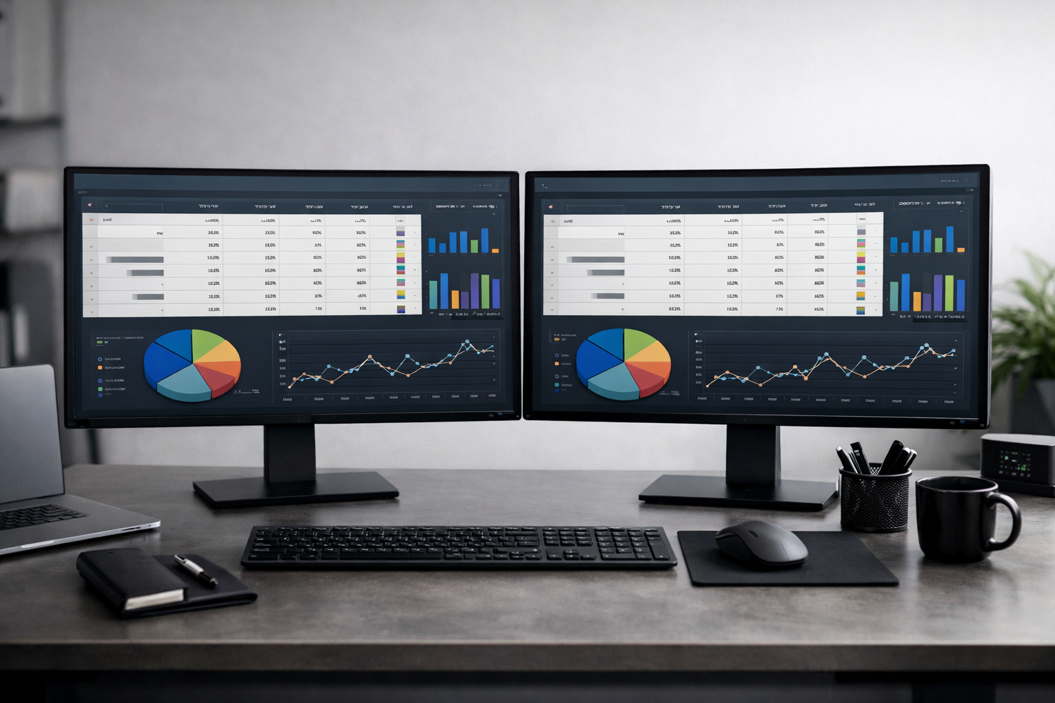 Dual screens showing Hebrew and English content audit in a modern workspace.
