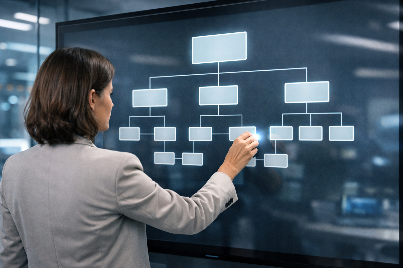 Strategist organizing content hierarchy on a touchscreen in an office.