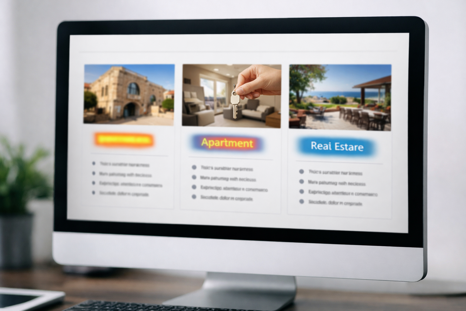 Webpage on computer screen showing service descriptions with conversion keywords.