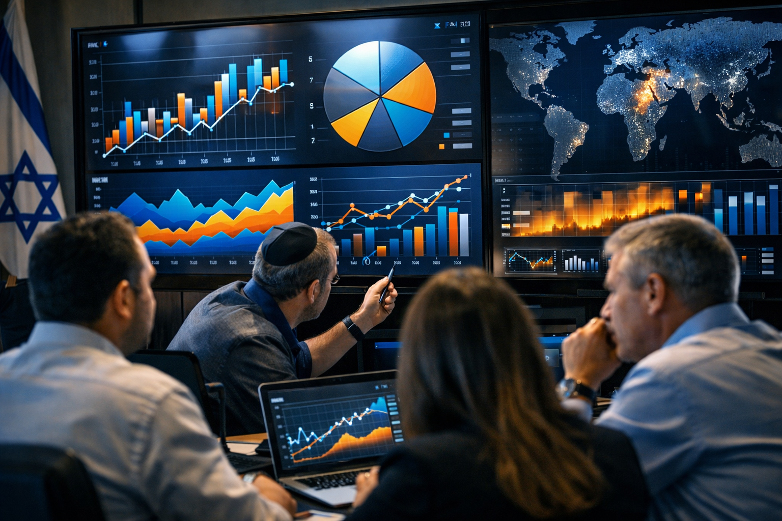 Office with professionals analyzing content volume on digital screens.