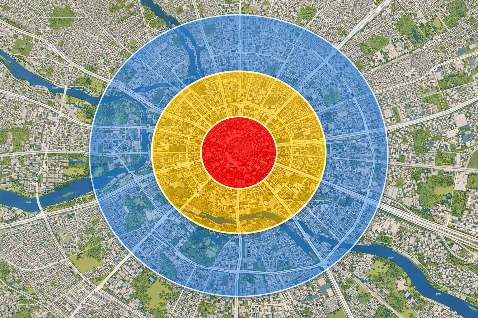 Digital map with zones for proximity, relevance, prominence.