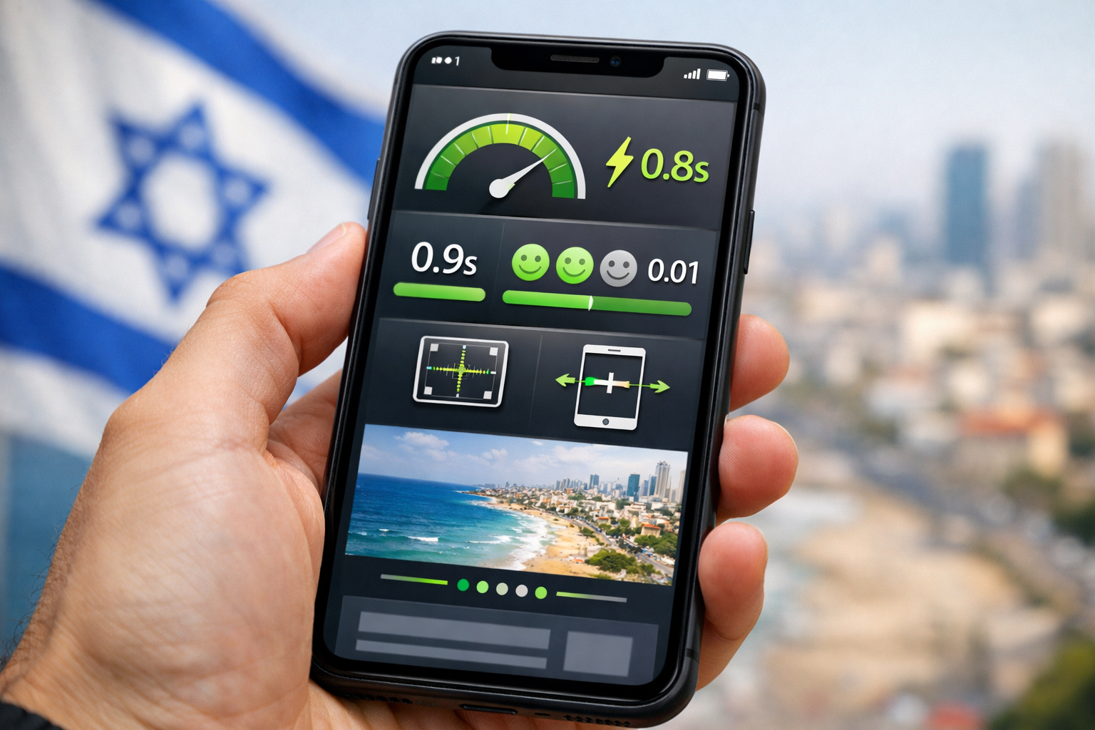 Mobile user viewing a fast-loading website in Israel.