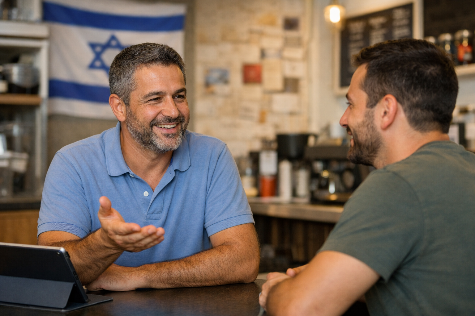 Business owner and customer discussing review requests in Israel.